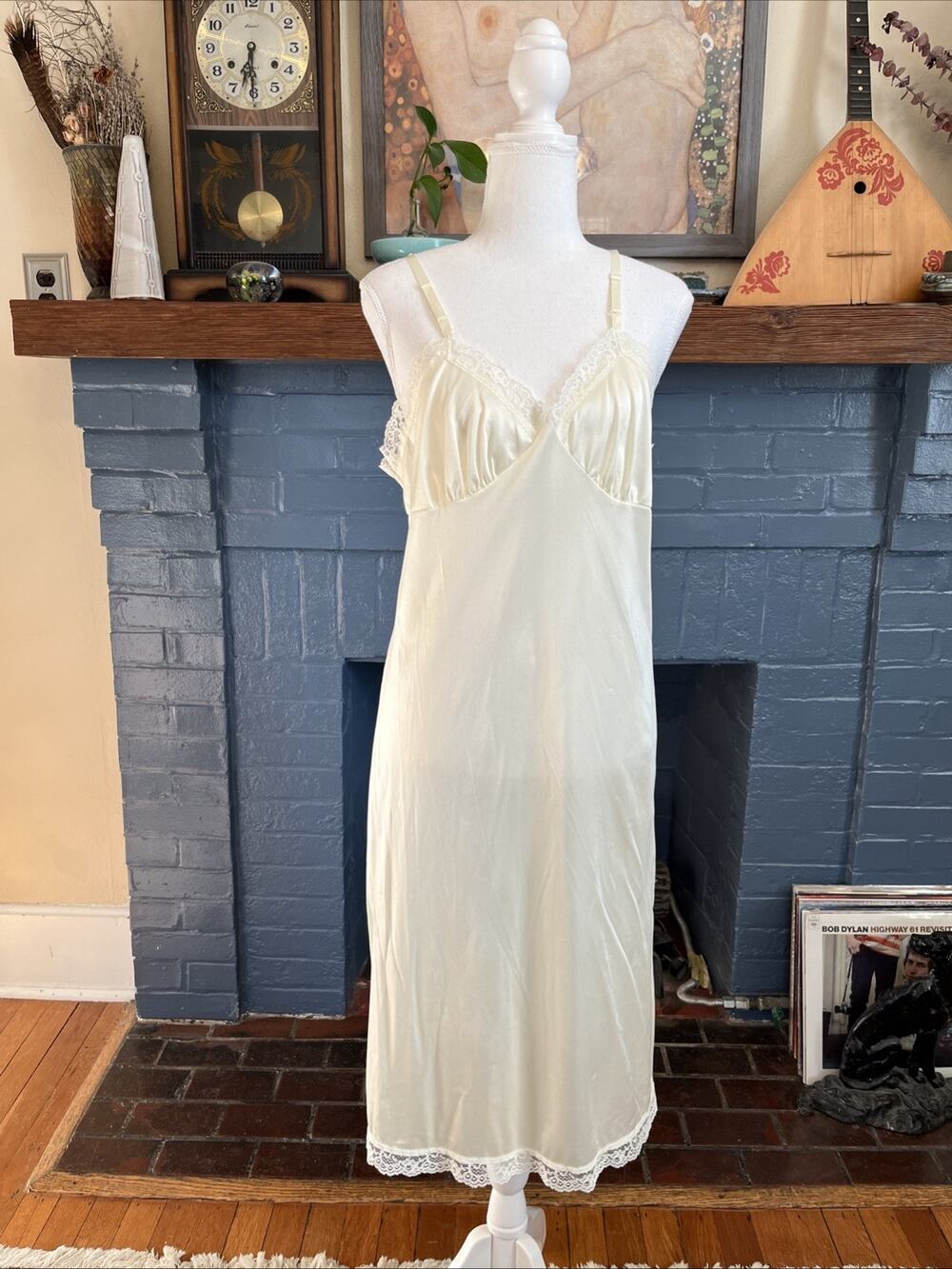Vintage Deena Lingerie Full Slip‎ Dress Sz 38 Ivory Yellow Floral Lace Trim USA